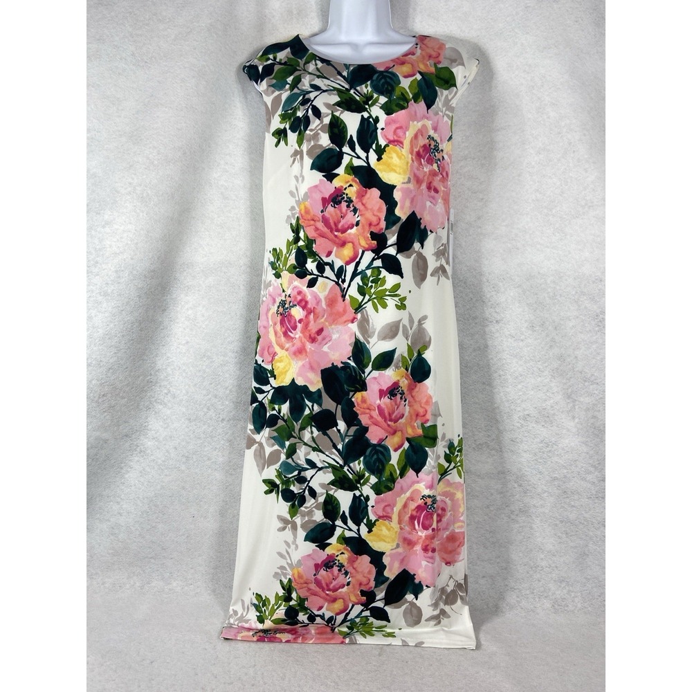 London Times Dress Womens 12 White Rose Sheath Sleeveless Floral Stretch New